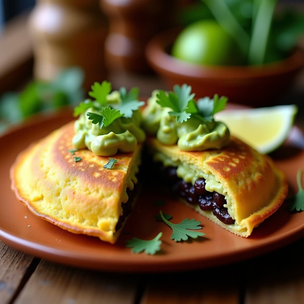 Arepa de yuca dorada y crujiente rellena de guacamole cremoso y frijoles negros especiados, servida en un plato rústico con decoración de cilantro fresco y gajos de limón.