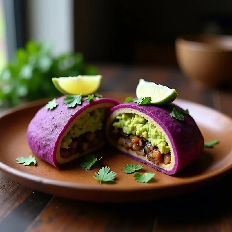 Arepa de yuca morada cortada por la mitad, rellena de guacamole cremoso y ceviche de champiñones marinado en lime y ají amarillo, servida en un plato de madera con hojas de cilantro fresco. Receta venezolana-peruana sin gluten.