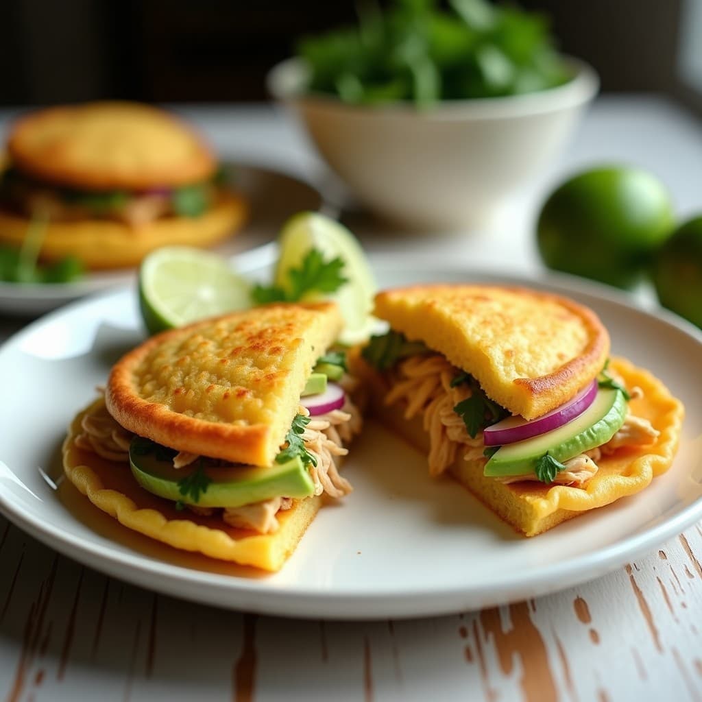 Arepa de yuca dorada y crujiente rellena de pollo desmenuzado especiado y trozos de aguacate cremoso, servida en un plato blanco con decoración de cilantro fresco y rodajas de limón, receta colombiana sin gluten en airfryer.