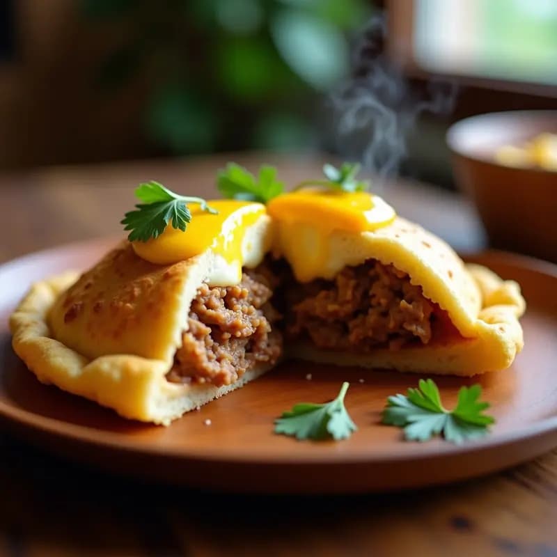 Arepa de yuca dorada y crujiente rellena de pulled pork jugoso y queso crema ahumado derretido, decorada con cilantro fresco sobre un plato de madera rústica. Receta fusion venezolana-cubana.
