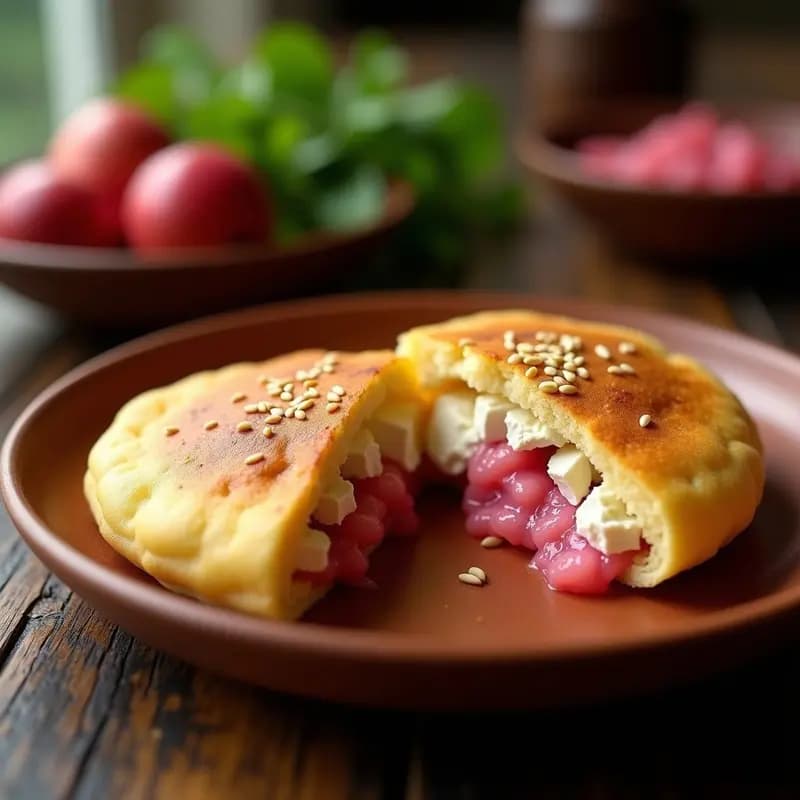Arepa de yuca dorada cortada por la mitad, rellena de pulpa de guayaba rosada y queso fresco blanco, decorada con hojas de cilantro sobre un plato de madera rústico. Desayuno colombiano dulce-salado.
