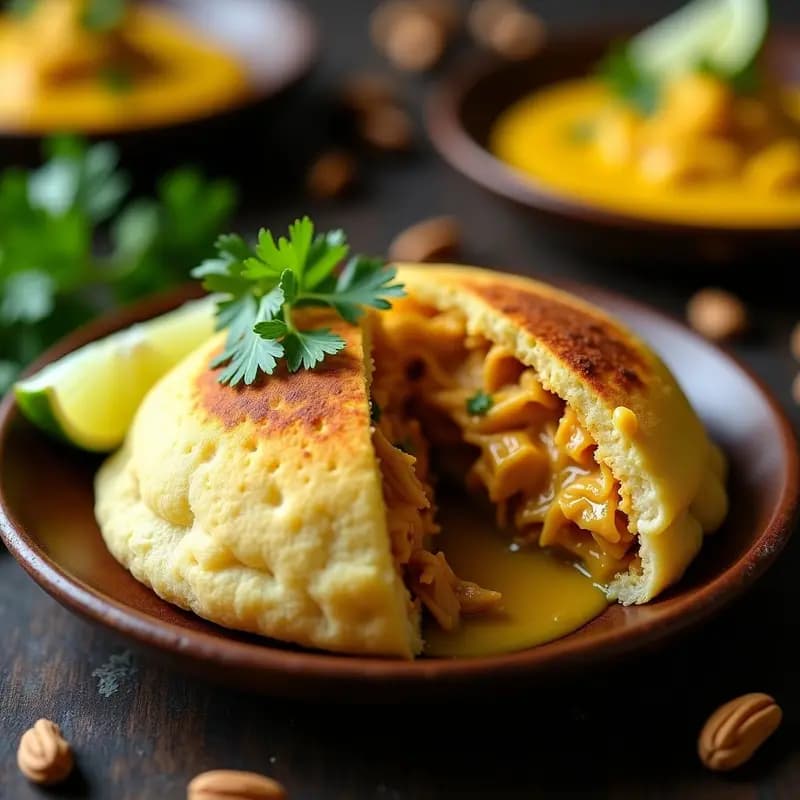 Arepa dorada de yuca y queso de almendras cortada por la mitad, mostrando su relleno jugoso de pollo al ají amarillo, servida en un plato rústico de barro con cilantro fresco y rodajas de limón al lado.