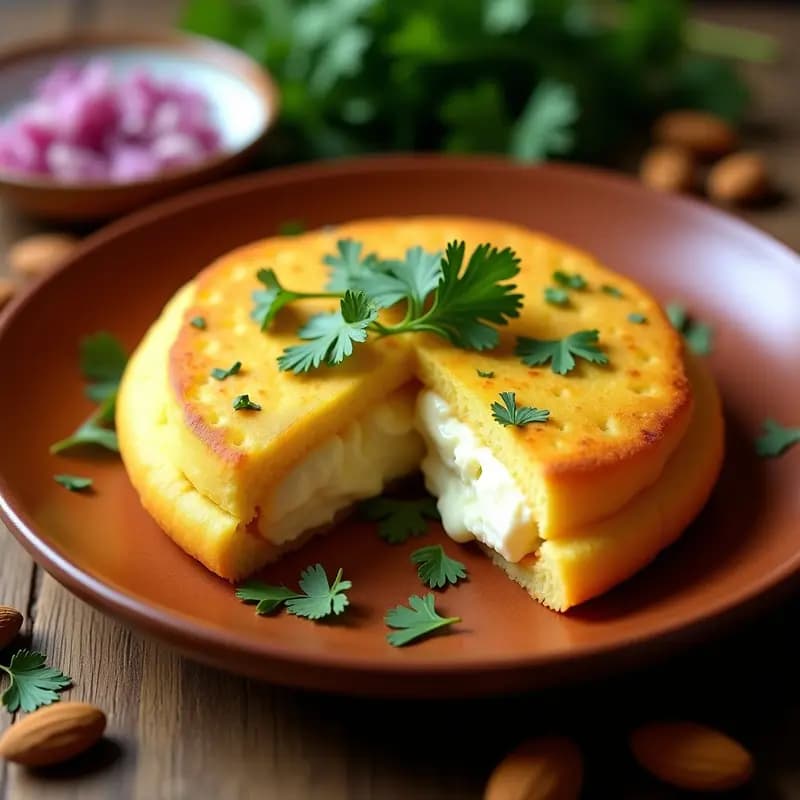 Arepa dorada de yuca rellena de queso de almendras cremoso, decorada con cilantro fresco y cebolla morada picada en un plato de barro rústico, desayuno venezolano sin harina y sin lactosa.