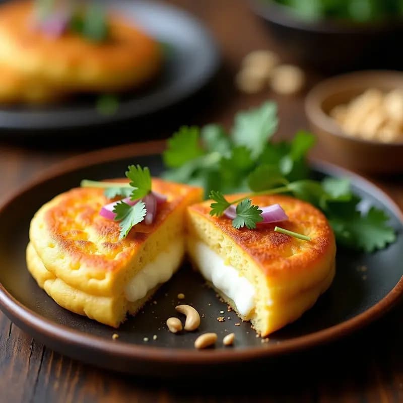 Arepa dorada y crujiente de yuca con queso de anacardos, espolvoreada con semillas de sésamo, servida en un plato blanco sobre fondo de madera rústica. Entrante colombiano keto en airfryer.