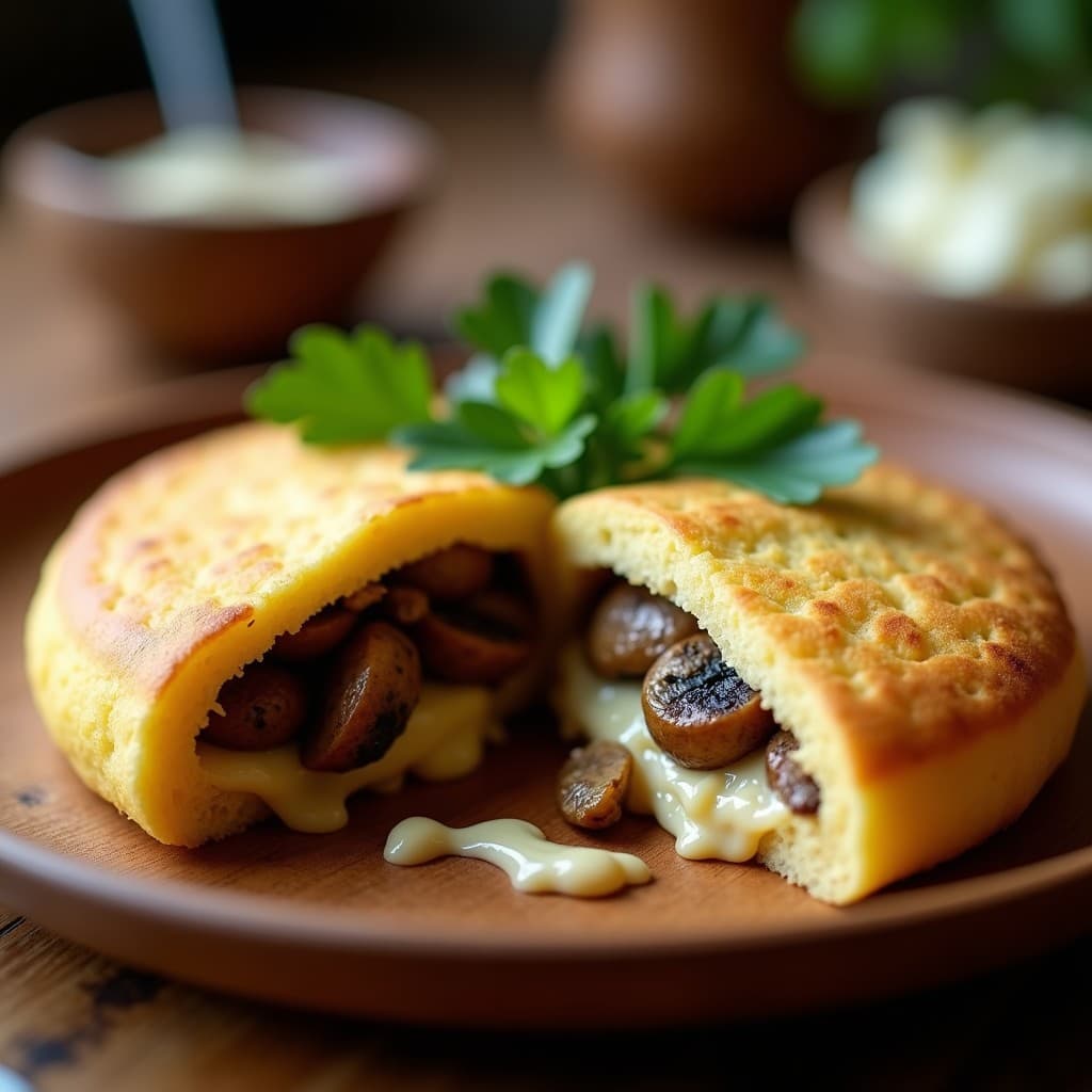 Arepa de yuca dorada y crujiente abierta por la mitad, rellena de queso cremoso de anacardos y champiñones portobello salteados con cebolla morada y perejil, servida en un plato de madera rústico con fondo borroso.