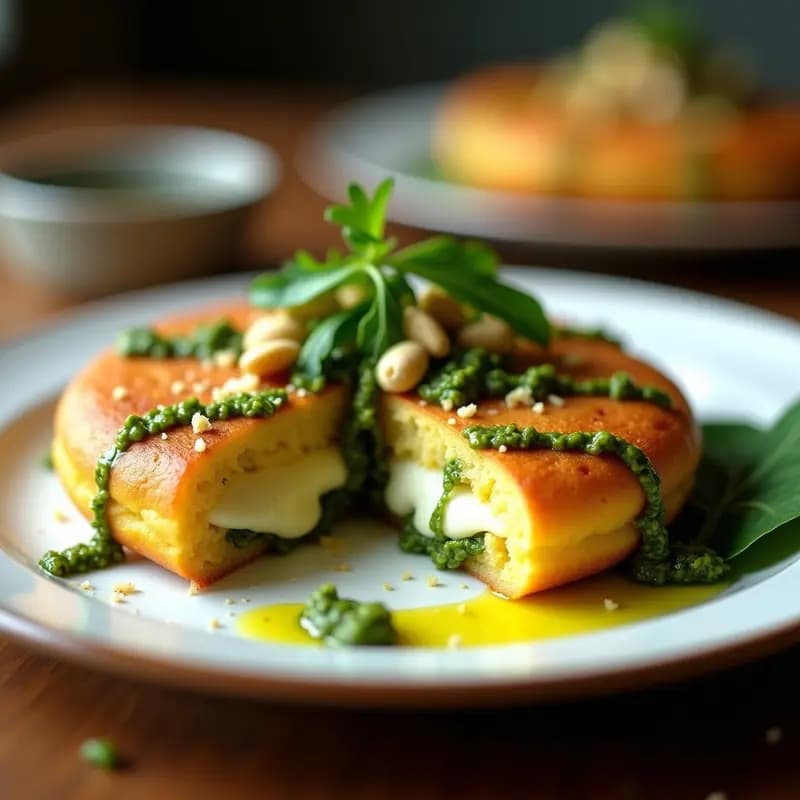 Arepa dorada de yuca y queso de búfala cortada por la mitad, rellena de pesto verde de rúcula y piñones, con láminas de queso cremoso encima. Plato rústico de madera con fondo borroso de cocina gourmet.