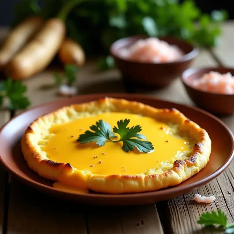 Arepa dorada y crujiente de yuca con queso de cabaña vegano derretido, servida en plato de barro con fondo rústico, receta colombiana sin harina y sin lactosa.
