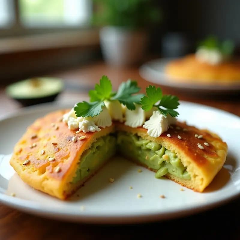 Arepa venezolana sin gluten de yuca dorada, abierta por la mitad y rellena de queso de cabra desmenuzado y cubos de aguacate fresco, acompañada de semillas de sésamo tostadas y cilantro picado sobre un plato de barro rústico.