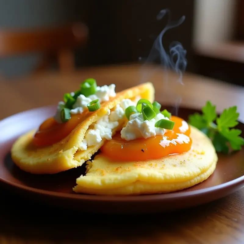 Arepa dorada de yuca rellena de queso de cabra cremoso y mermelada de maracuyá brillante, servida en un plato de barro con cebollín picado encima. Desayuno colombiano/venezolano sin gluten con textura esponjosa y crujiente.