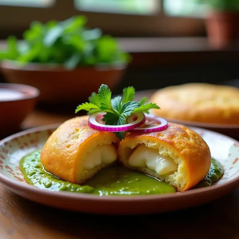 Arepa de yuca dorada y crujiente rellena de queso de castaña cremoso, acompañada de guasacaca verde de hierbas frescas. Plato típico venezolano sin lácteos, servido en un plato de barro rústico con cebolla morada en rodajas y decoración de cilantro.