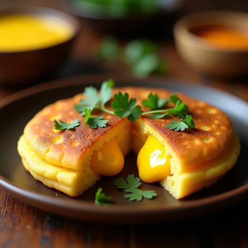 Arepa dorada y crujiente de yuca y queso de cúrcuma, con vetas amarillas intensas, servida sobre un plato de barro rústico. Acompañada de rodajas de aguacate y un chorrito de aceite de oliva virgen extra. Fondo desenfocado con ingredientes como yuca rallada y cúrcuma en polvo.