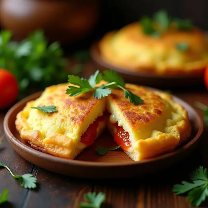 Arepa dorada y crujiente de yuca rellena de queso guyanés derretido y cubierta con hogao criollo, acompañada de cilantro fresco. Receta colombiana-venezolana sin harina.
