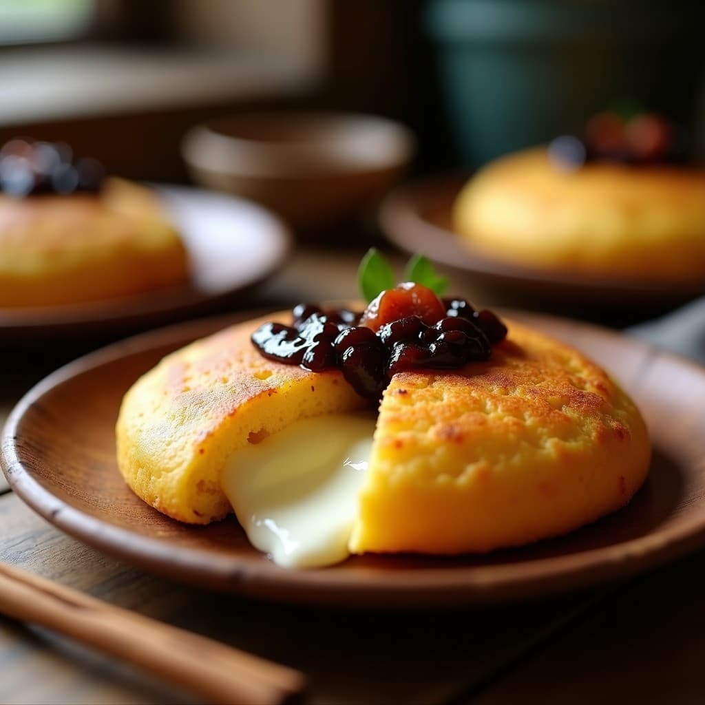 Arepa dorada de yuca rellena de queso de oveja derretido, servida en plato rústico con mermelada de higo brillante y especias visibles, receta colombiana sin gluten.