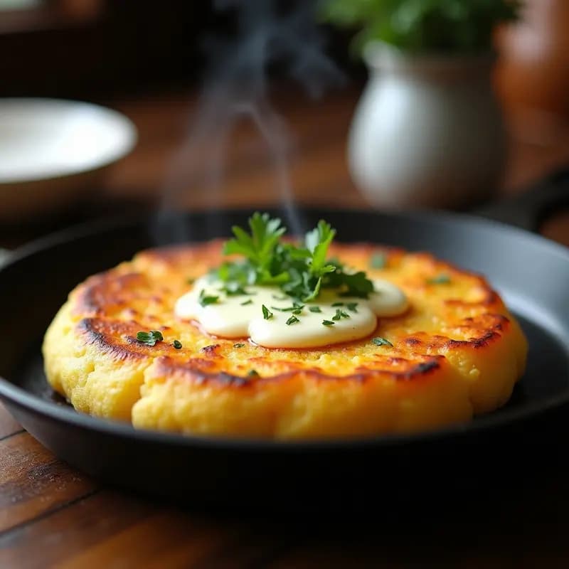 Arepa de yuca y queso de oveja dorada y crujiente, cocinada en sartén de hierro, con queso fundido sobre la superficie y un toque de cebolla morada picada. Receta venezolana sin gluten.