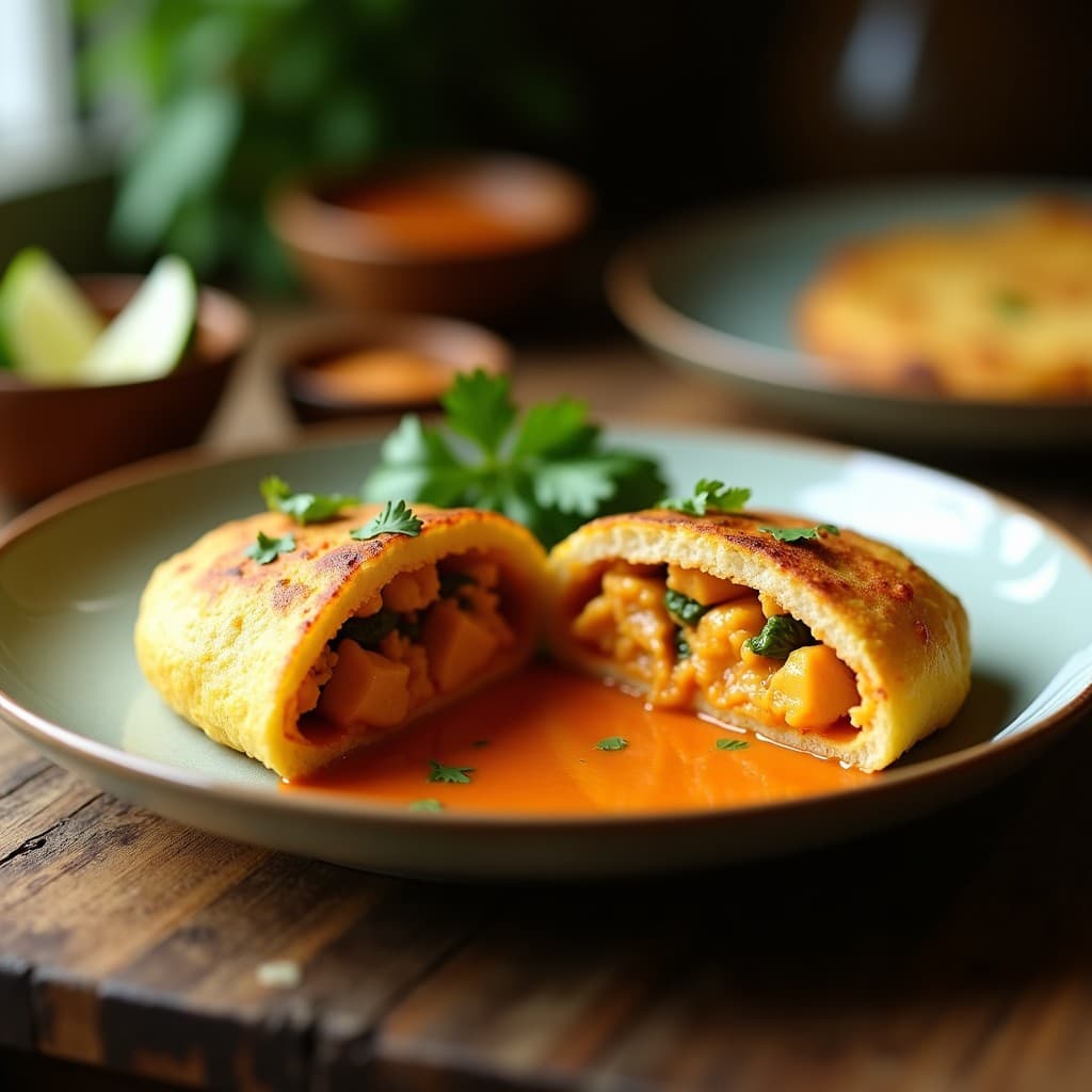 Arepa dorada de yuca y queso palmaria abierta por la mitad, rellena de pollo al curry con leche de coco, decorada con hojas de cilantro fresco sobre un plato de madera rústica.
