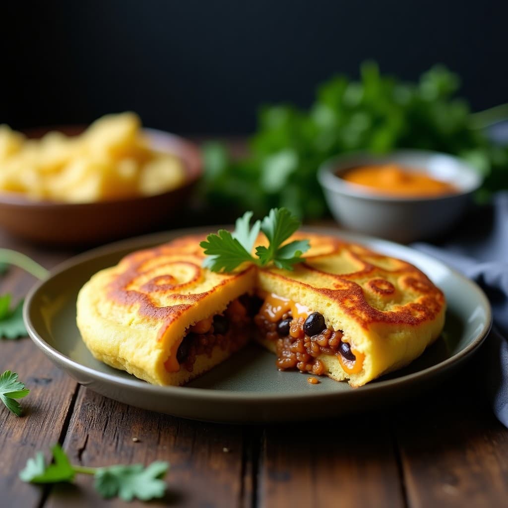 Arepa de yuca dorada y crujiente rellena de queso vegano derretido y pabellón de jackfruit, plátano maduro y frijoles negros, servida en un plato rústico con cilantro fresco. Receta venezolana en airfryer.