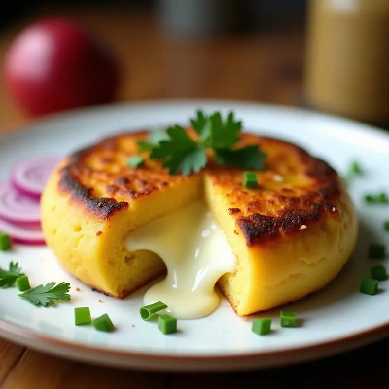 Arepa dorada y crujiente de yuca rallada rellena de queso mozzarella fundido, servida en plato blanco con perejil fresco y rodajas de cebolla morada, receta venezolana sin harina en sartén.
