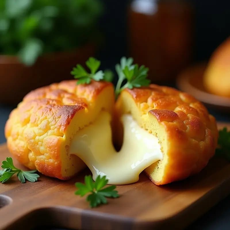 Arepa de yuca dorada y crujiente cortada por la mitad, mostrando un relleno de queso mozzarella fundido y elástico en hebras pull apart, servida en un plato de madera con hierbas frescas al lado. Receta colombiana en airfryer.