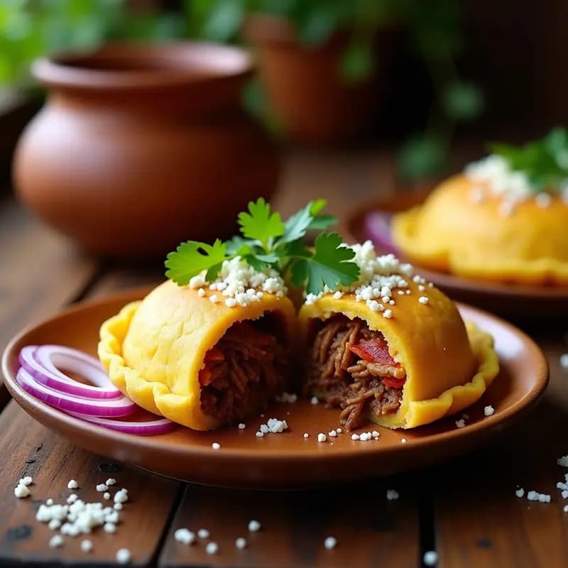 Arepa de yuca dorada y crujiente rellena de tiritas de carne secada, servida en un plato rústico con cilantro fresco espolvoreado y acompañada de rodajas de cebolla morada. Receta colombiana-venezolana tradicional en sartén.