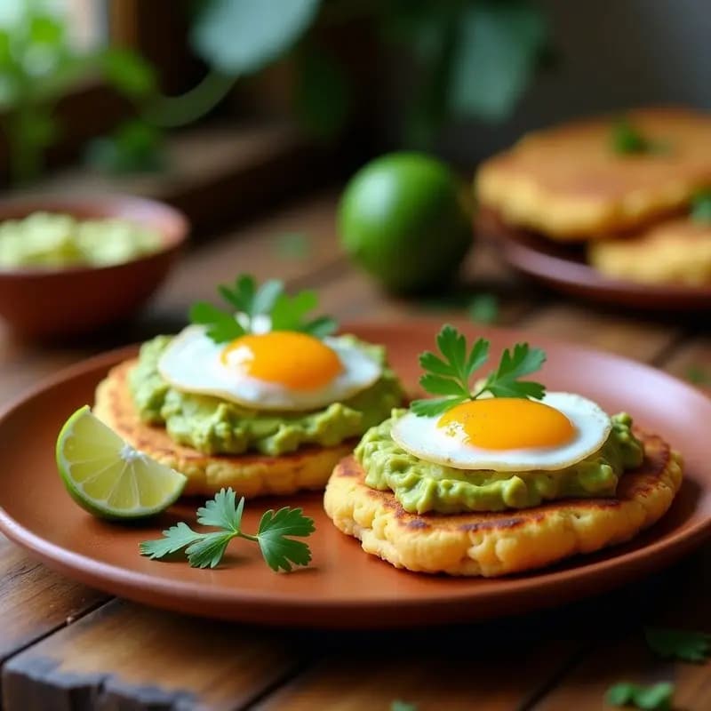 Arepas doradas de yuca abiertas por la mitad, rellenas de crema de aguacate verde y huevo escalfado con yema líquida, servidas sobre un plato de barro con rodajas de limón al lado. Desayuno venezolano energético y sin harina.