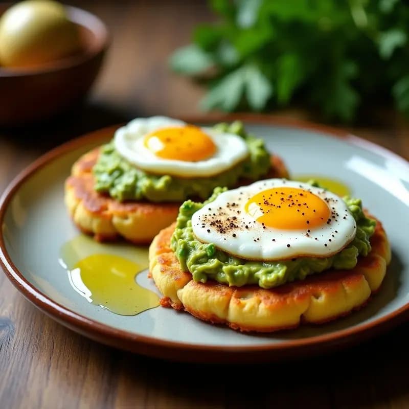 Arepas doradas y crujientes abiertas por la mitad, rellenas de cremoso aguacate machacado con cilantro y coronadas con huevos pochados de yema líquida, servidas en un plato de barro con decoración rústica. Receta de arepas rellenas de aguacate y huevos pochados en airfryer.