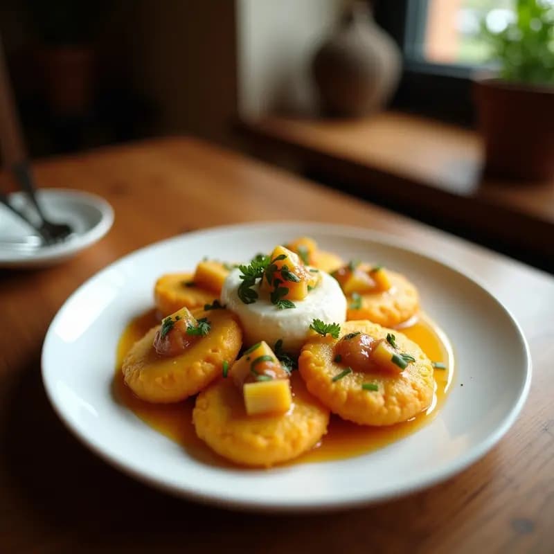 Arepas doradas de batata morada abiertas por la mitad, rellenas de queso de cabra fundido y napadas con salsa de higos oscura y nueces, sobre un plato de cerámica blanca con fondo rústico.