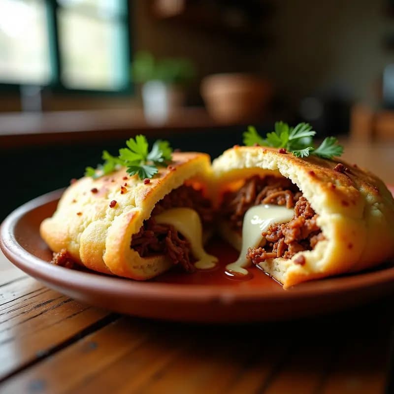 Arepas doradas y esponjosas abiertas por la mitad, rellenas de carne mechada jugosa y queso blanco derretido, servidas en un plato de barro con fondo borroso de cocina tradicional.