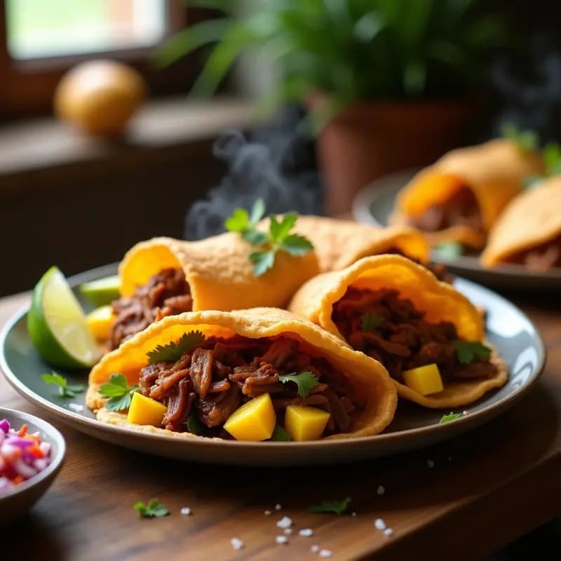 Arepas doradas y crujientes rellenas de carnitas glaseadas y trozos de mango verde, acompañadas de salsa criolla de cebolla morada y cilantro, receta venezolana-colombiana de arepas con toques frutales.