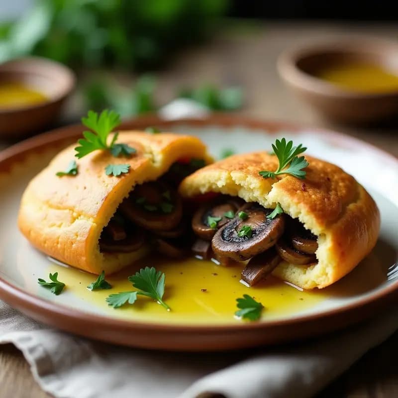 Arepas doradas de chía y ñame abiertas por la mitad, rellenas de champiñones portobello salteados con ajo y perejil, servidas en un plato rústico de cerámica con un fondo de madera oscura.