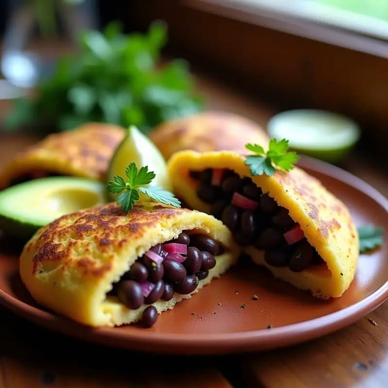 Arepas doradas de chía y plátano macho abiertas por la mitad, rellenas de frijoles negros sazonados con cilantro y cebolla morada, servidas en un plato de barro con aguacate en rodajas y un fondo rústico.