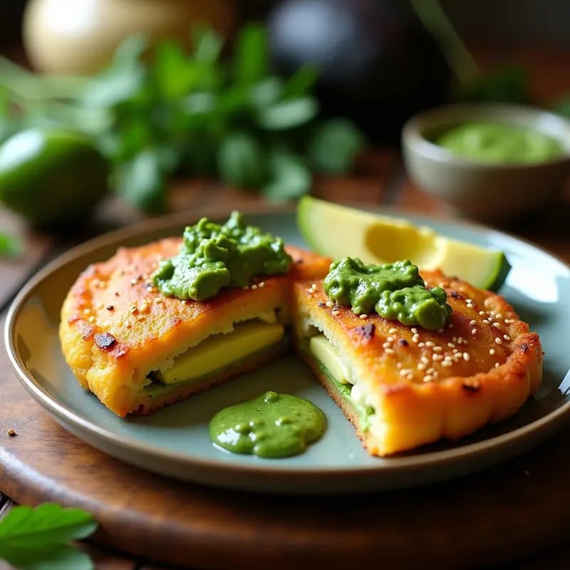 Arepas doradas de chía y queso feta en airfryer, abiertas y rellenas de aguacate cremoso, con salsa de chimichurri verde fresca y semillas de sésamo. Plato keto colombiano-venezolano crujiente y apetitoso.