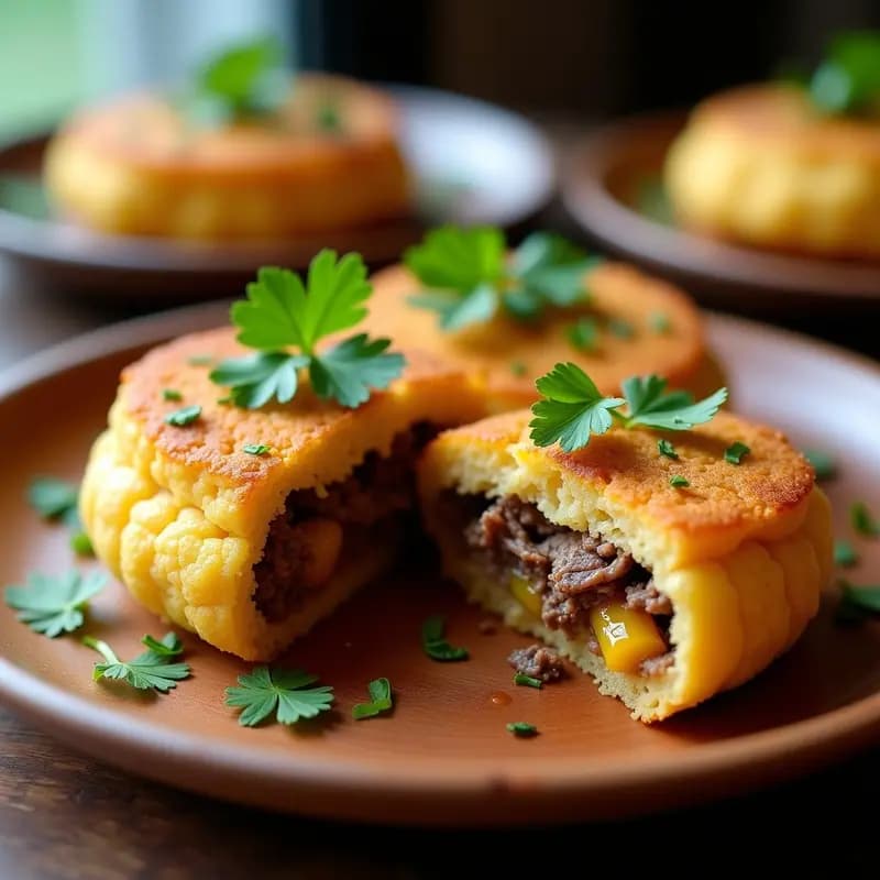 Arepas doradas de chía y quinoa abiertas por la mitad, rellenas de pabello de carne y plátano maduro desmenuzado, decoradas con perejil fresco sobre un plato de madera rústica. Desayuno venezolano sin gluten y ultraproteico.