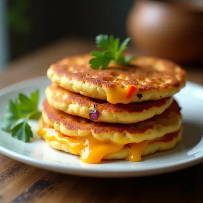 Arepas doradas de chili y queso cheddar apiladas en un plato blanco, con el queso fundido visible y trozos de cebolla morada asomando. Plato ideal para tupper, con textura crujiente y fondo desenfocado.