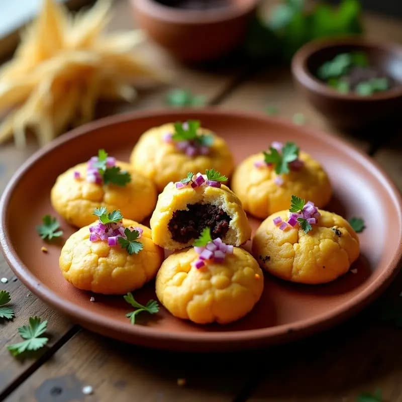 Arepas doradas y crujientes de choclo rellenas de queso de algarroba, servidas en un plato de barro con cebolla morada y cilantro fresco, desayuno colombiano vegano y sin gluten.