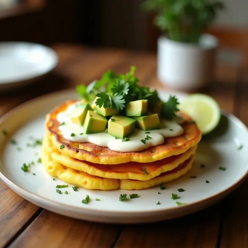 Arepas doradas de choclo con queso mozzarella derretido y cubos de aguacate fresco, servidas en un plato blanco con cilantro picado y rodajas de limón, receta venezolana rápida en sartén.