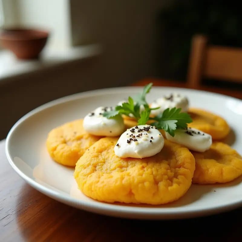 Arepas colombianas doradas de yuca y queso de coco, rellenas de aguacate y cilantro fresco, servidas en un plato de barro con semillas de chía visibles. Desayuno sin gluten y sin lácteos.