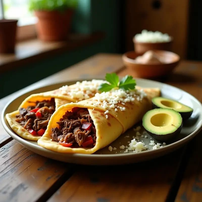 Arepas doradas y esponjosas abiertas por la mitad, rellenas de carne desmechada jugosa y queso blanco derretido, servidas sobre un comal de barro tradicional. Receta venezolana de arepas rellenas de desmechada y queso blanco.