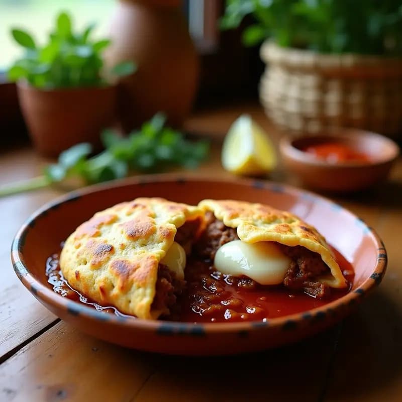 Arepas doradas y crujientes abiertas por la mitad, rellenas de desmechada de res jugosa y queso mozzarella gratinado, servidas en un plato de barro rústico con un toque de ají al lado. Receta tradicional colombiana de arepas rellenas de desmechada de res en sartén.