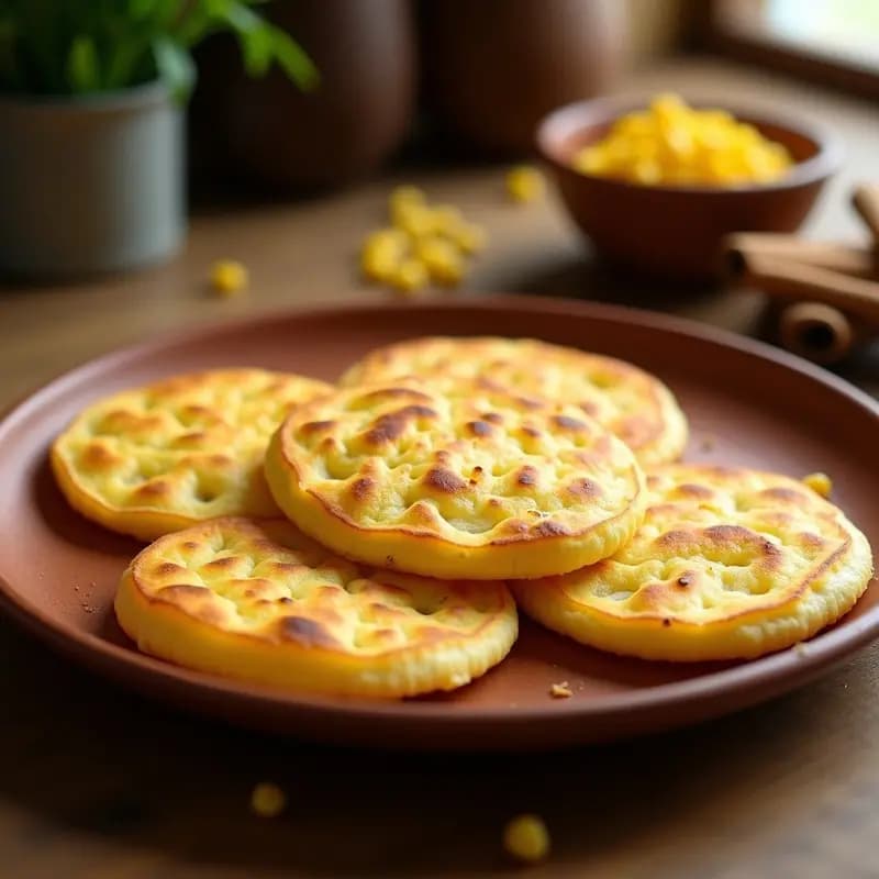 Arepas doradas y esponjosas de maíz dulce rellenas de queso requesón, servidas en un plato de barro con fondo rústico. Receta de arepas sweet de maíz dulce y queso requesón, desayuno venezolano sin azúcar refinada.