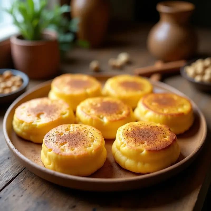 Arepas doradas y esponjosas de maíz amarillo rellenas de queso de anacardos cremoso, espolvoreadas con canela, servidas en un plato de cerámica blanca sobre una mesa de madera rústica, postre colombiano keto sin azúcar.