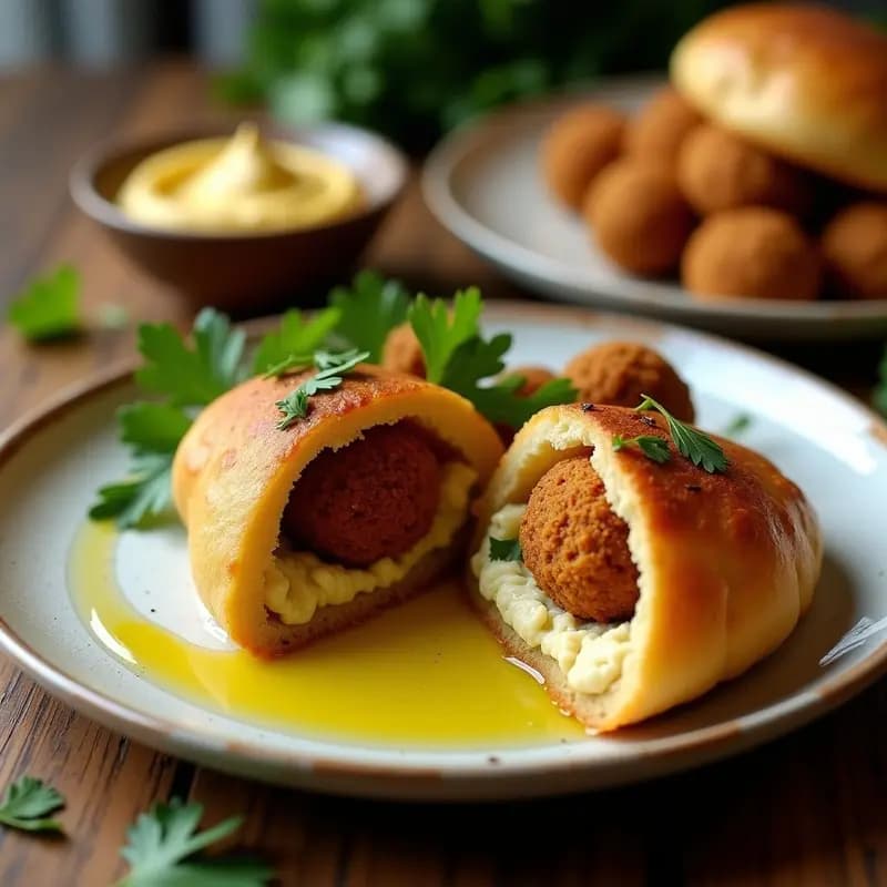 Arepas doradas rellenas de falafel crujiente y hummus cremoso, decoradas con perejil fresco y un hilo de aceite de oliva, plato fusion venezolano-árabe sobre fondo rústico de madera.