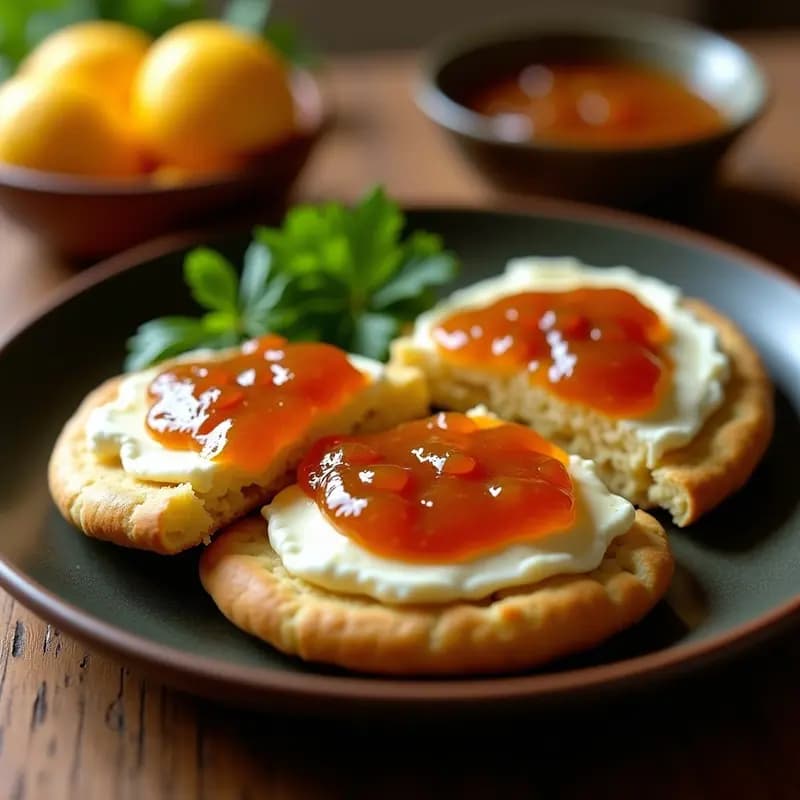 Arepas doradas y crujientes de forsaje rellenas de queso de cabra cremoso y coronadas con mermelada de guayaba brillante, decoradas con cilantro fresco sobre un plato de barro rústico con fondo de madera oscura.