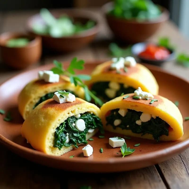 Arepas doradas de garbanzo rellenas de espinacas salteadas y queso feta desmenuzado, servidas en un plato de madera rústico con semillas de sésamo espolvoreadas y perejil fresco como decoración. Receta veneziana sin maíz, alta en proteína y sin gluten.