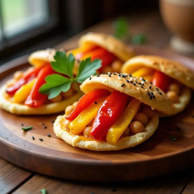 Arepas doradas de garbanzos abiertas por la mitad, rellenas de tiras coloridas de pimientos asados rojos y amarillos, con semillas de sésamo visibles en la superficie. Plato servido sobre tabla de madera rústica con fondo desenfocado.