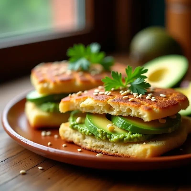 Arepas doradas y esponjosas rellenas de guasacaca verde vibrante y rodajas de aguacate cremoso, desayuno venezolano vegano y sin gluten, servidas en plato rústico de barro con semillas de sésamo espolvoreadas.