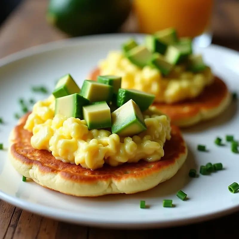 Plato con dos arepas doradas de Haas Avocado abiertas por la mitad, rellenas de huevos revueltos cremosos con cilantro fresco. Desayuno venezolano keto y sin harina, servido sobre una mesa rústica de madera con aguacate y huevos de fondo.