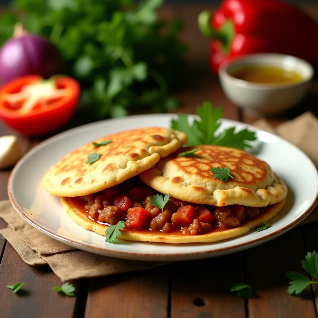 Arepas doradas de harina de arroz abiertas por la mitad, rellenas de un guiso espeso de seitán con cebolla, pimiento y especias, servidas en un plato de cerámica blanca con cilantro fresco espolvoreado.