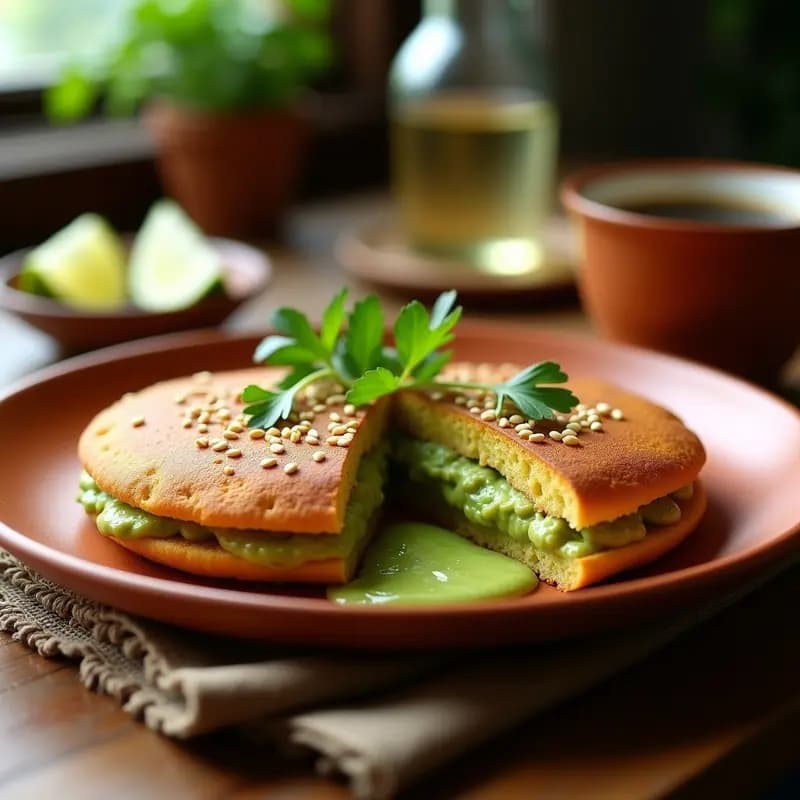 Arepas doradas de harina de maíz azul cortadas por la mitad, rellenas de guasacaca cremosa verde, espolvoreadas con semillas de sésamo y decoradas con hojas de cilantro sobre un plato de barro rústico, típico desayuno venezolano sin gluten.