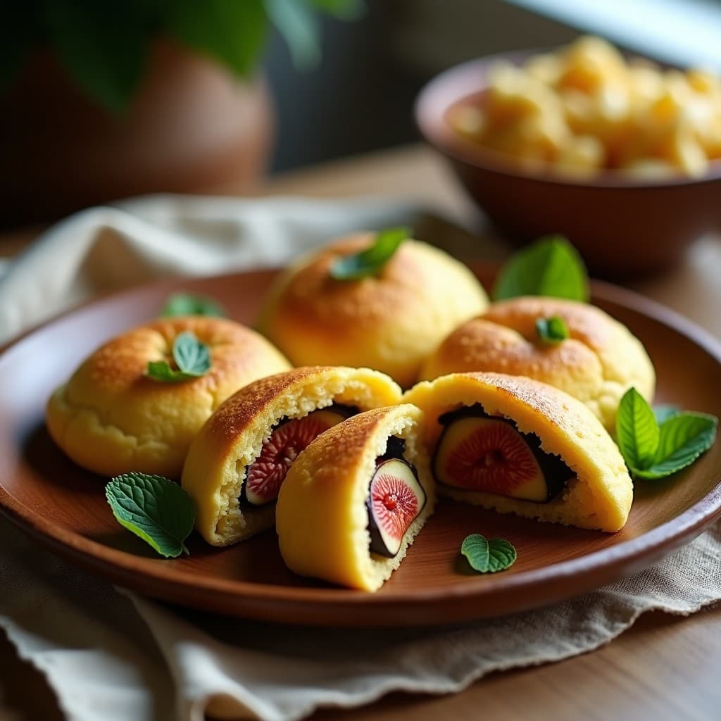 Arepas doradas de harina de maíz azul abiertas por la mitad, rellenas de queso cremoso de anacardos y higos frescos caramelizados con canela, servidas en un plato de barro rústico con fondo de cocina tradicional venezolana.