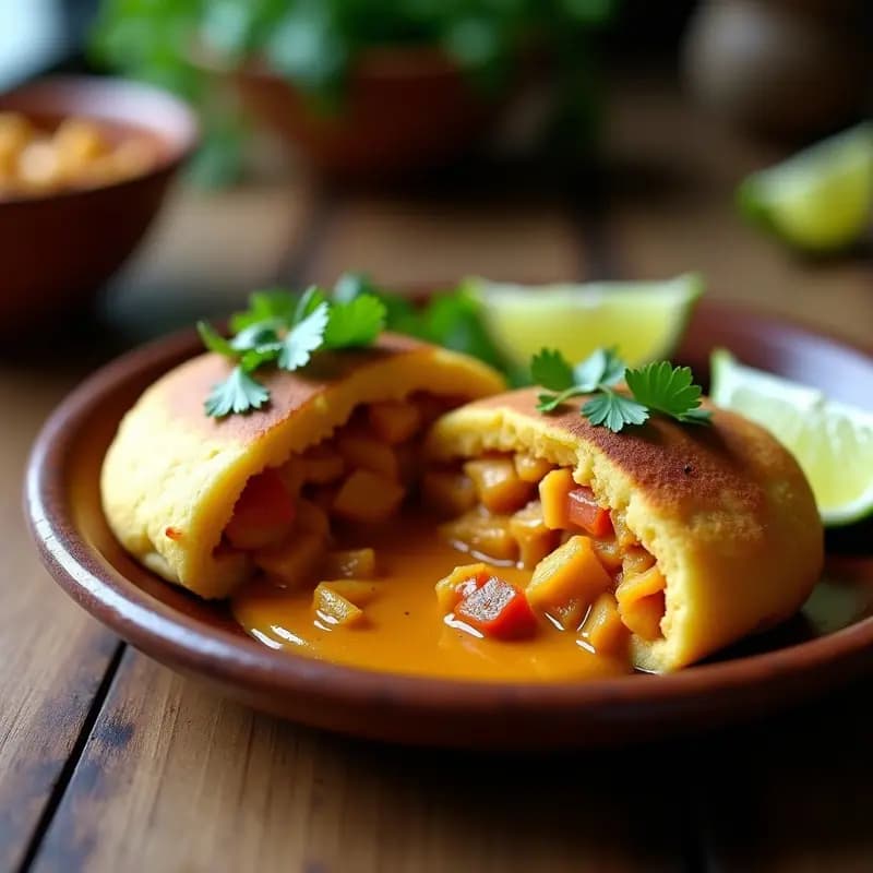 Arepas doradas de harina de plátano abiertas por la mitad, rellenas de pollo al curry cremoso con trozos de cebolla y pimiento, servidas en un plato de barro rústico con cilantro fresco y rodajas de limón al lado. Receta venezolana sin gluten.